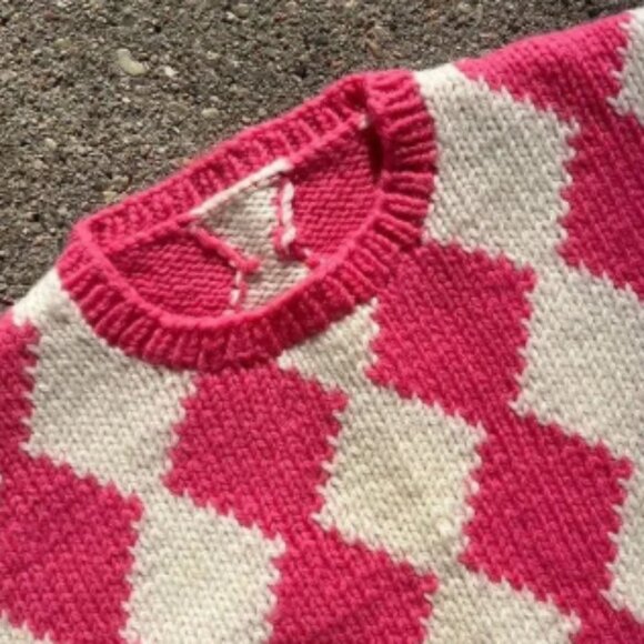 Deadstock 70s Vintage Pink Wool Diamond Print Puff Sleeve Sweater XS S Women’s - Picture 4 of 4